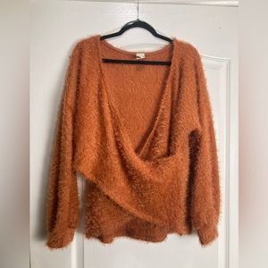 Lilian Faux Wrap Eyelash Knit Sweater With Balloon Sleeves,Size 3X,Orange